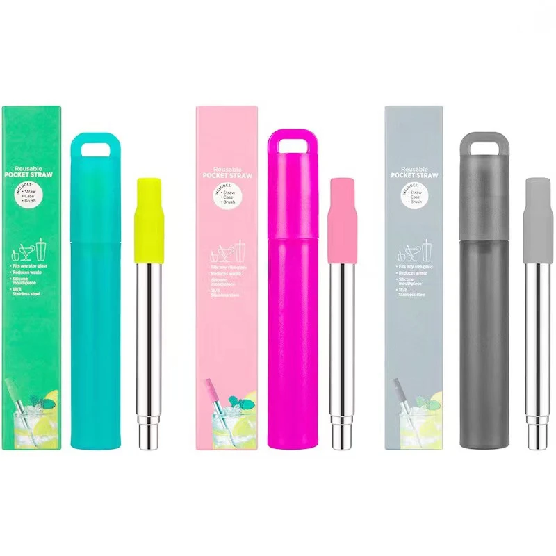 Portable Telescopic Stainless Steel Reusable Straw Set with Case and Cleaning Brush
