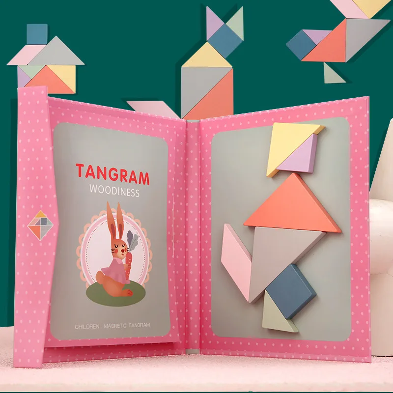 Children Magnetic Wooden Jigsaw Block Puzzle Game Tangram Intelligence STEM Montessori Educational Gift for Kids 2