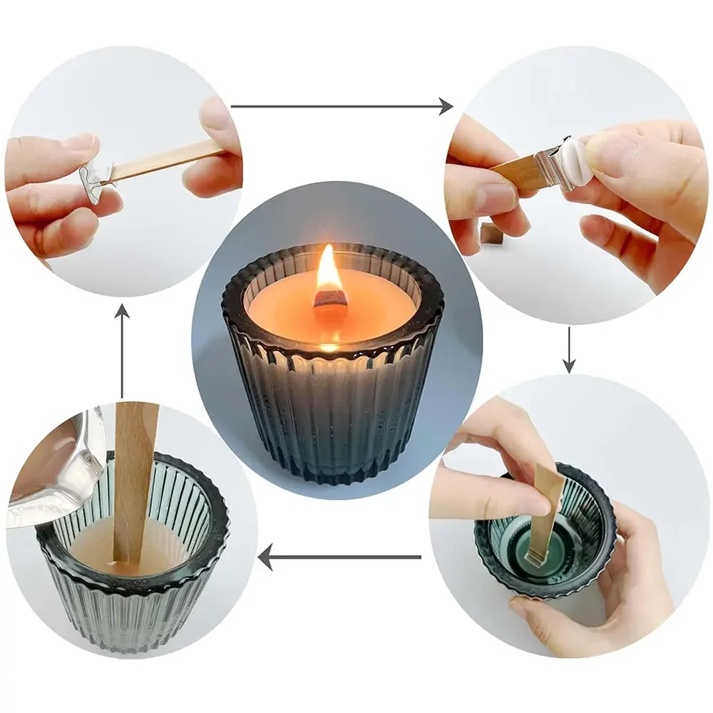 100-Piece Wooden Candle Wick Set with Holders for DIY Scented Candles and Decor