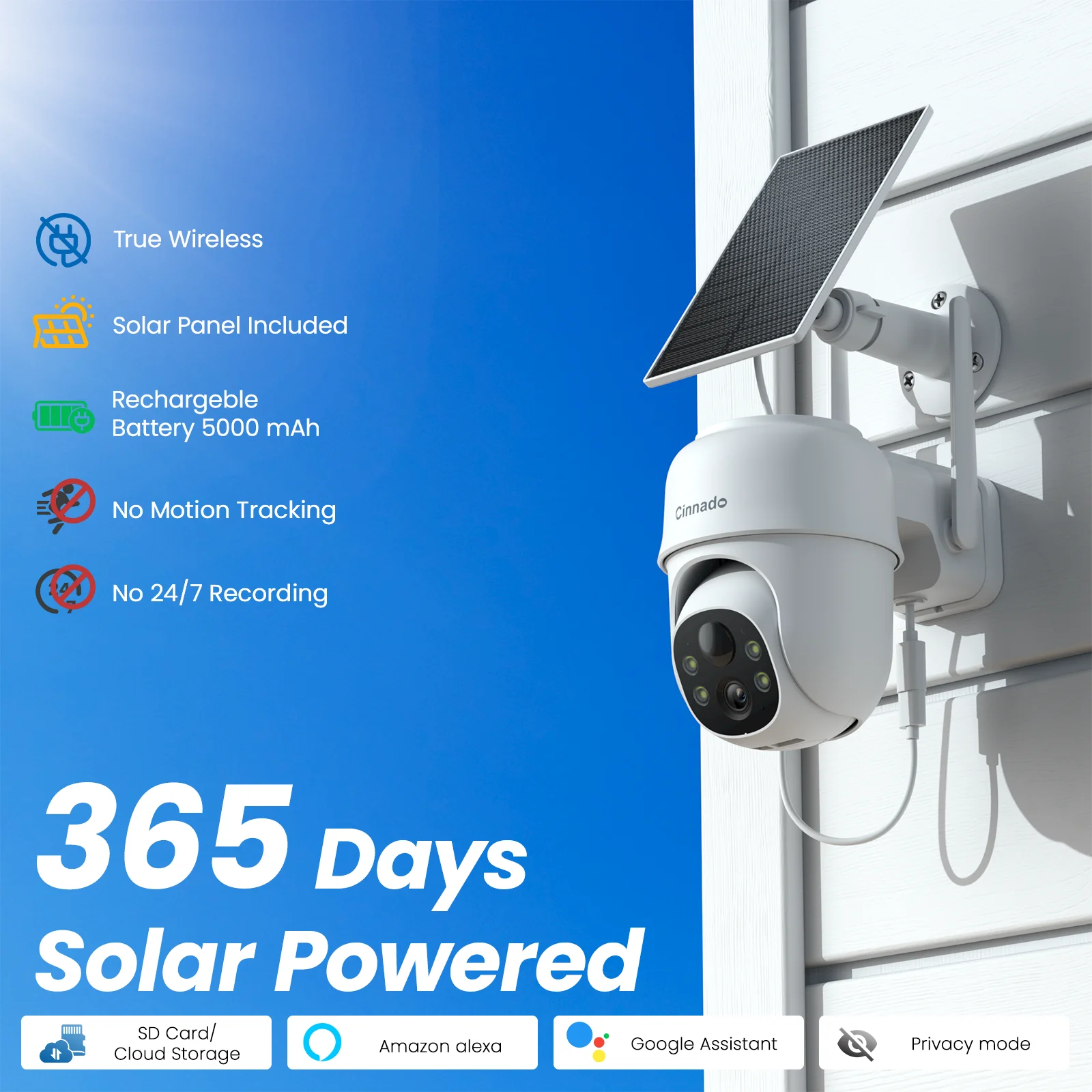 Cinnado 2K Solar/Battery Powered Cameras for 360&deg; Home Security, 2.4G WiFi Outdoor Camera Wireless, Human Detection