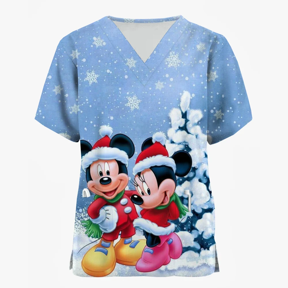 thumbnail image 1 of Camiseta de enfermera de uniforme de mujer para trabajo de enfermería, camiseta de Disney Mickey Mouse con estampado navideño de feliz Navidad, manga corta, cuello en V, patrón divertido festivo, 1 of 5