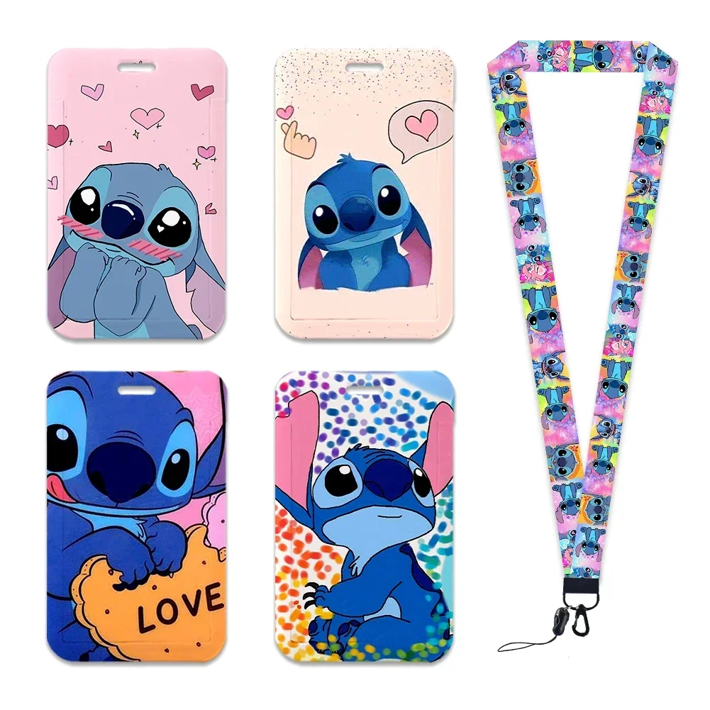 Card Case Holder New Disney Stitch Lilo Card Holder Lanyard Slide Card Holders Student Keychain Cardholder Hanging Rope Employee ID Case