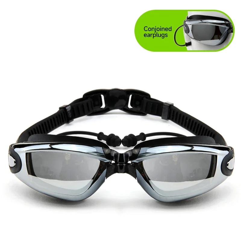 Swimming Goggles with Earplugs Adult Waterproof Fog-proof Swimming Glasses Unisex Electroplated Large Frame Swim Eyewear