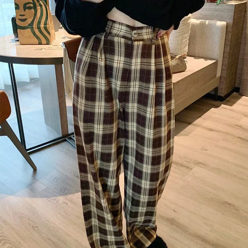 

Mexzt Women Harajuku Oversize Loose 4XL Plaid Pants Korean Retro Y2K Wide Leg Pants Female High Waist Fashion Straight Trousers