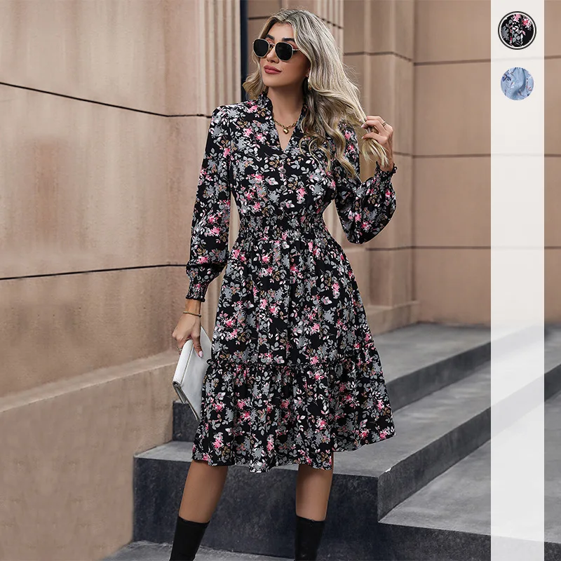

Vintage Floral Dresses for Women Elegant Loose V-neck Dress Beach Holiday Leisure Long Dresses High Waist Print Vestido