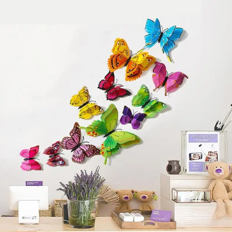 FuninCrea 12 Adesivi da Parete 3D a Forma di Farfalla, Impermeabili per Frigorifero Magnetici con Nastro Adesivo, Motivo Farfalla per Camera da Letto Decorazione (Nero