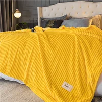 Striped Yellow Solid Blanket Flannel Soft Adults Bed Cover Winter Warm Stitch Fluffy Bed Linen Bedspread for Sofa Bedroom Decor 2