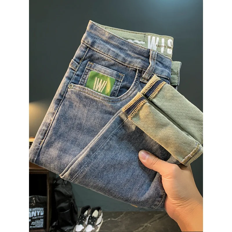 Fleece-lined Men's Jeans Autumn and Winter New Skinny Tappered Pants Embroidered Handsome Trendy Thick Casual Trousers Men