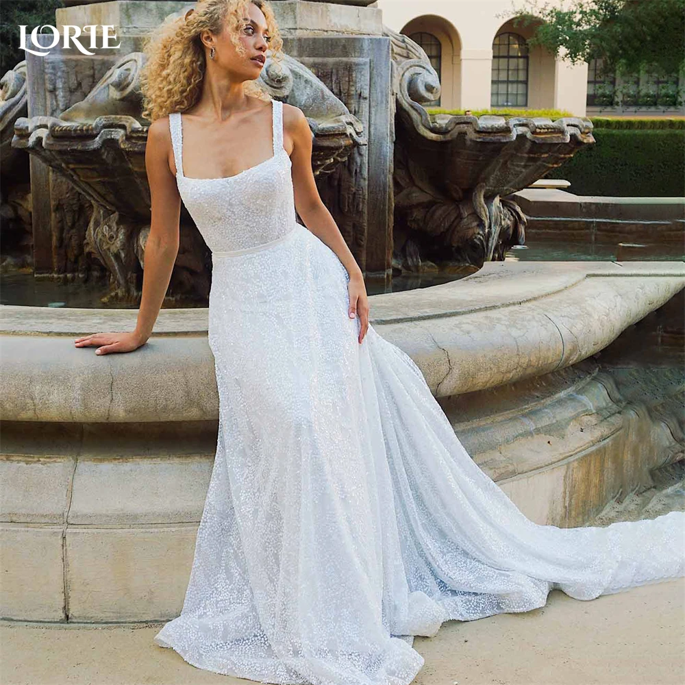 

Роскошные блестящие кружевные свадебные платья LORIE, блестящее женское платье с квадратным вырезом и блестками без рукавов, блестящее пляжное платье невесты