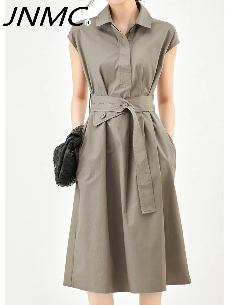 

JNMC Women's Design Sense Button Professional Dress Temperament Polo Collar With Belt Waist Slimming Shirt Dress 2024 Summer
