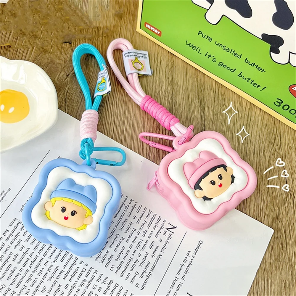 Square Silicone Coin Purse Children's Mini Card Holder Zipper Money Bag Headphone Storage Bags Keychain Braided Wristband Wallet