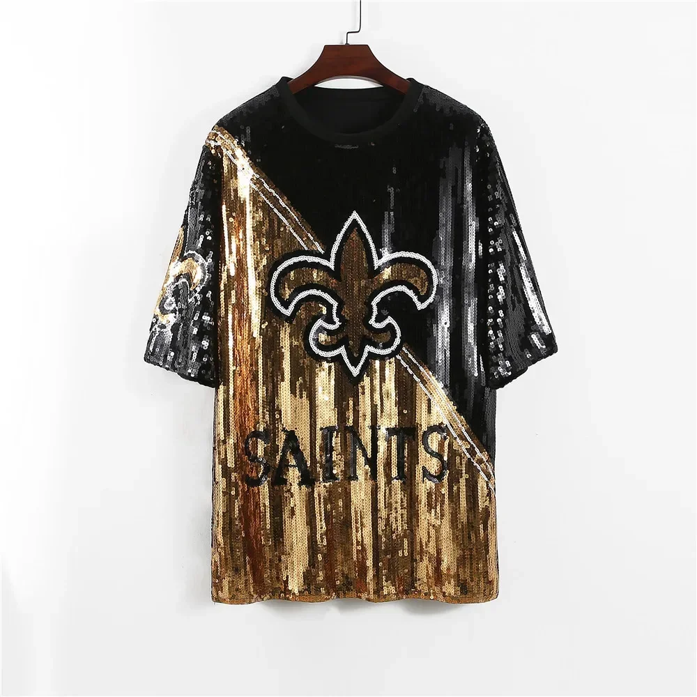 Summer Loose Geometric Round Neck Letter Print Female Sequin Streetwear T-Shirt Hip Hop Night Club Women's Tops