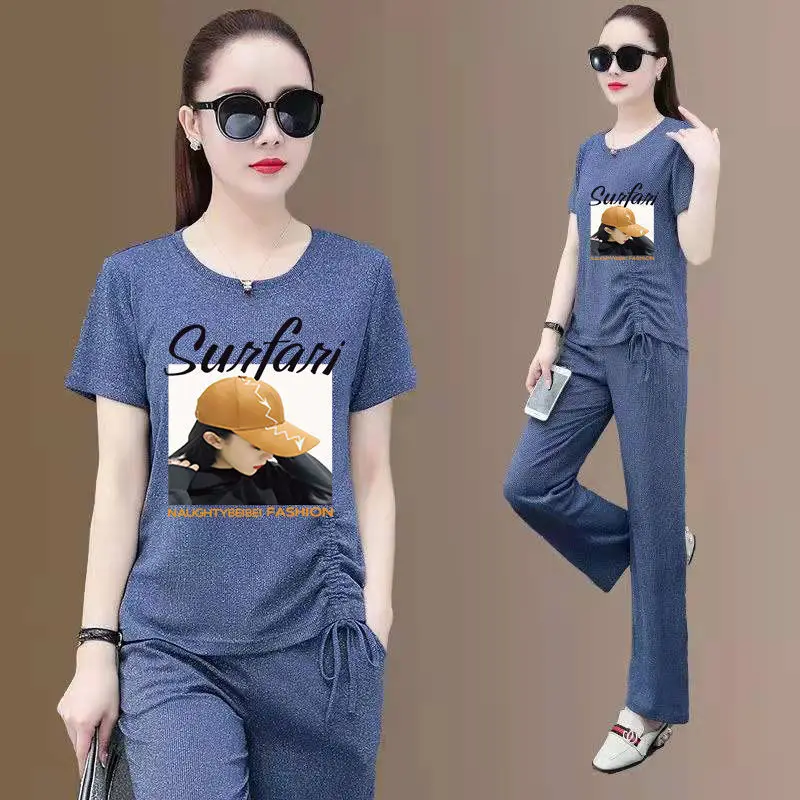 

Спортивная одежда из вискозы, женский костюм, летние новые брюки с коротким рукавом, повседневные модные облегающие брюки с широкими штанинами, комплект из двух предметов