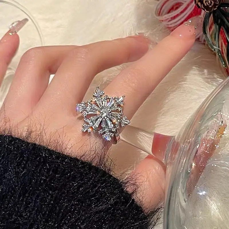 ALILANG Pink Crystal Snowflake Flower Ring - Adjustable Sparkling Rhinestone Statement Ring For Women
