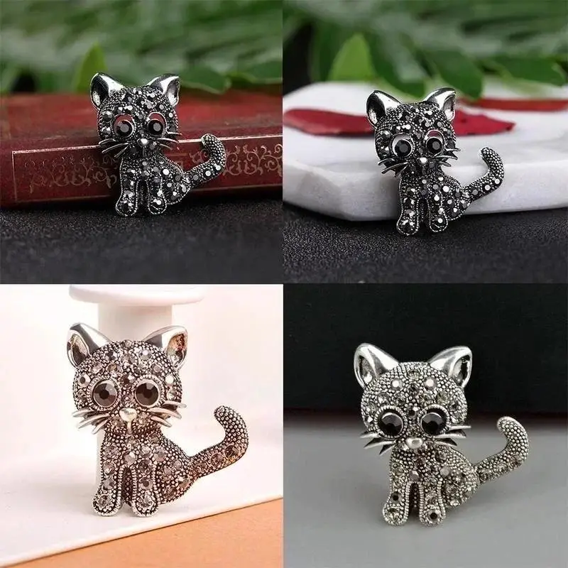 Retro Kitten Brooch Antique Silver Fashion Women's Collar Accessories Creative Cute Animal Studded Diamond Chest Flower Collar