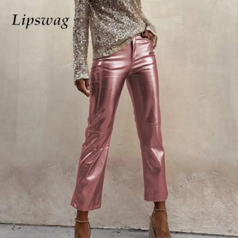 

Осенние повседневные женские брюки с высокой талией, подходящие ко всему однотонные облегающие брюки до щиколотки, новые модные глянцевые шелковистые блестящие Клубные брюки