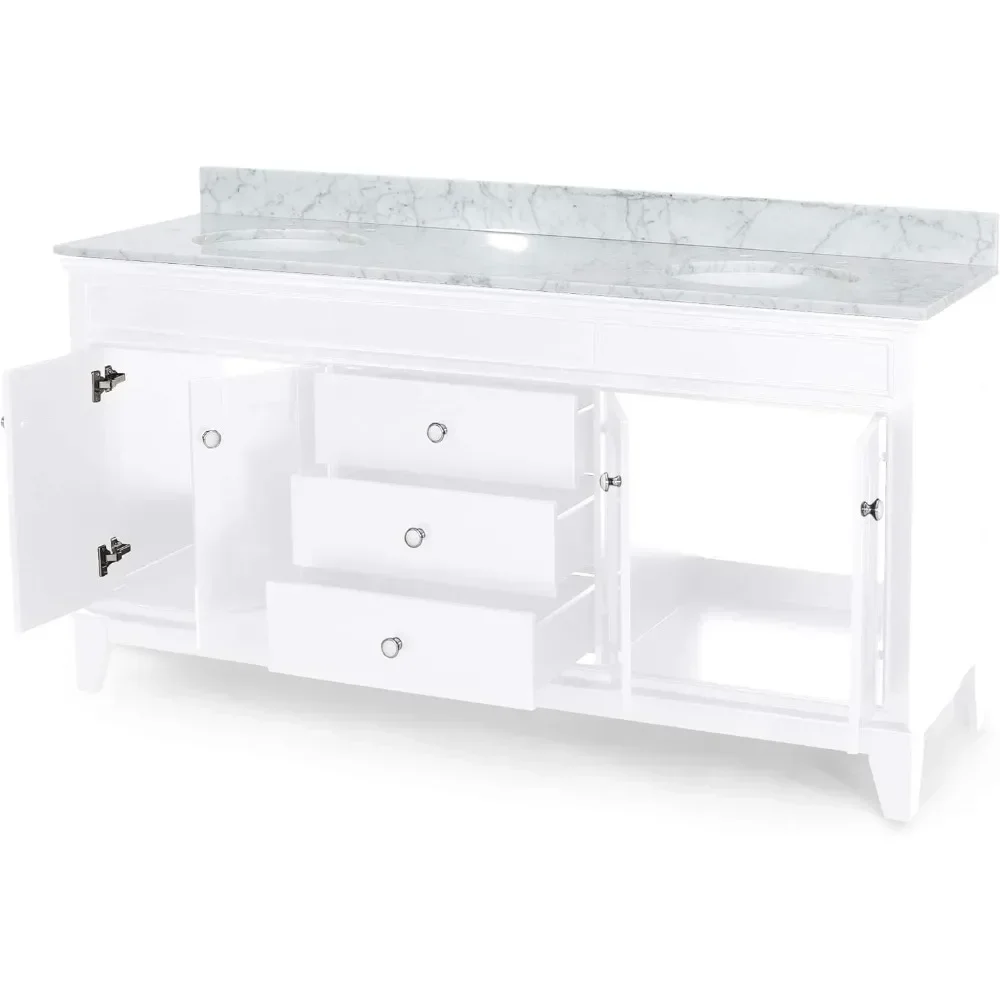 61" Double Sink Bathroom Vanity with Marble Top, Solid Wood Bathroom Vanity with 3 Drawers and 4 Doors, Vanities