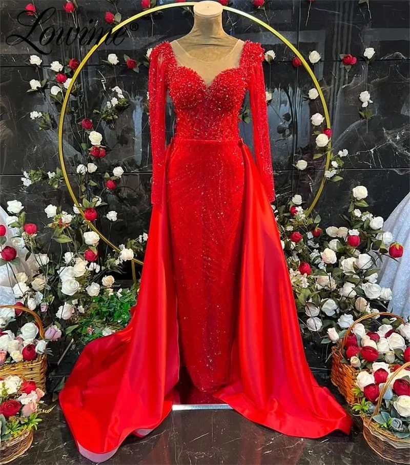 

Arabic Red Party Dresses 2023 Cape Sleeves Mermaid Beading Prom Gowns Dubai Long Formal Occasion Dresses Wedding Party Dress