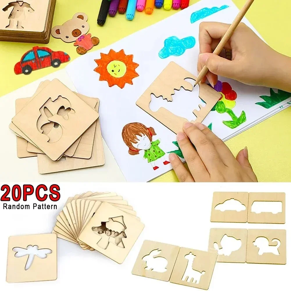 Montessori Kids Drawing Toys Wooden DIY Painting Template Stencils 20pcs for Children Learning Educational Gift