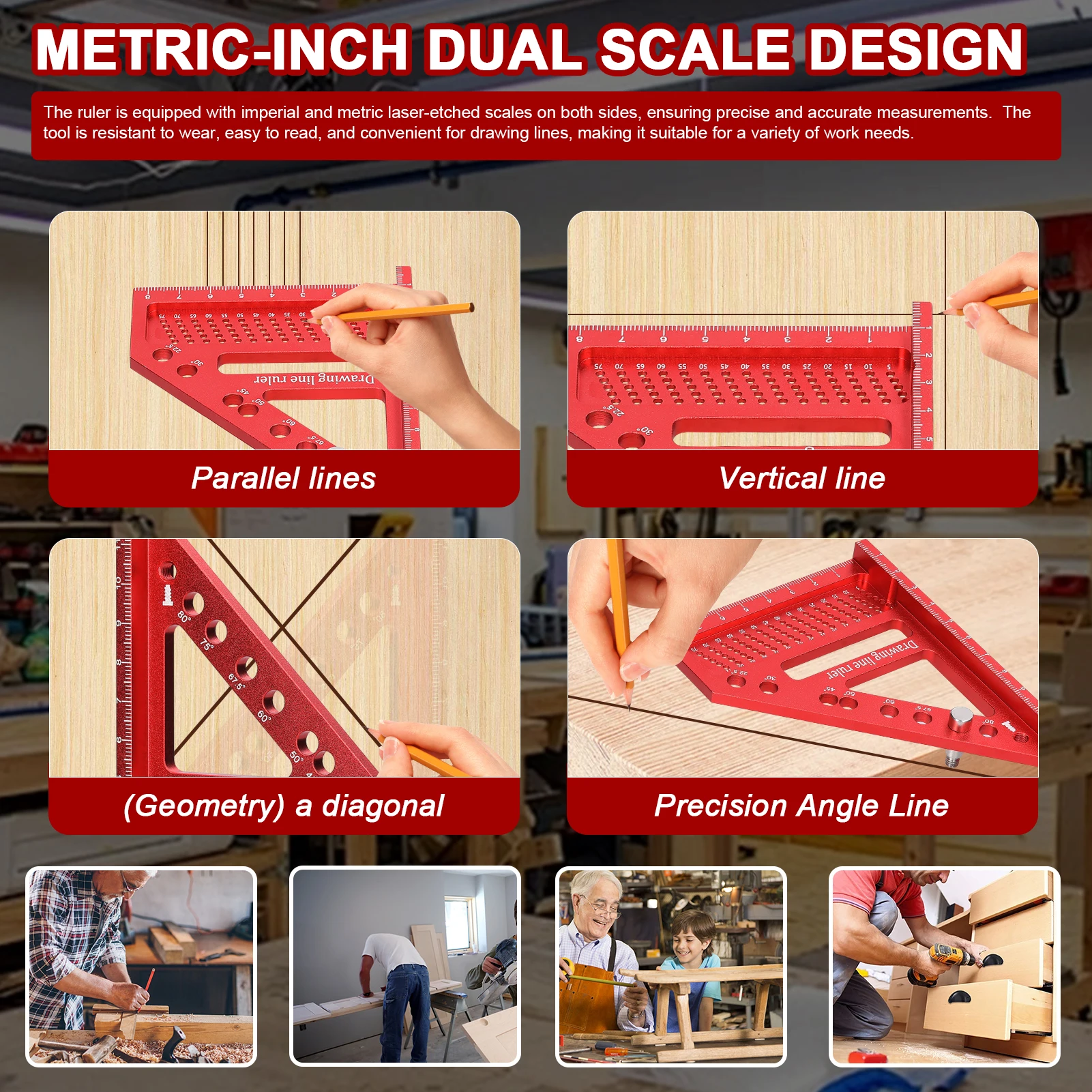 알루미늄 합금 다각도 측정 눈금자, 목공 DIY 마이터, 삼각형 눈금자 유틸리티 스크라이빙 게이지 레이아웃 측정 도구