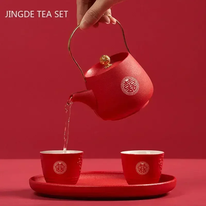 Household Red Ceramics Tea Pot Set Boutique Tea Pot and Cup Set Sets Gifts Handmade Teaware Accessories