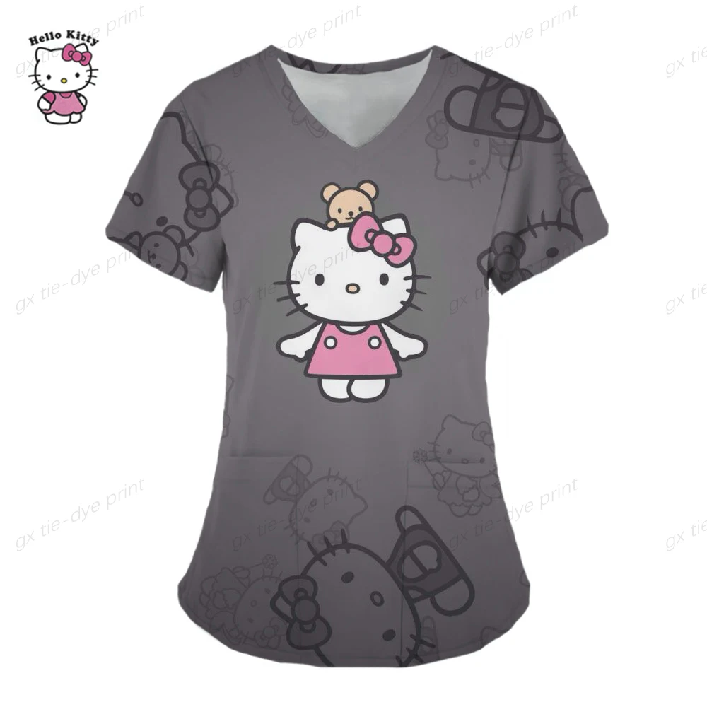 thumbnail image 1 of Camiseta de uniforme para mujer 2023, camisetas de Hello Kitty, uniforme de enfermera, bolsillo, Hello Kitty, cuello en V, ropa para mujer, tops, top de hospital, 1 of 4