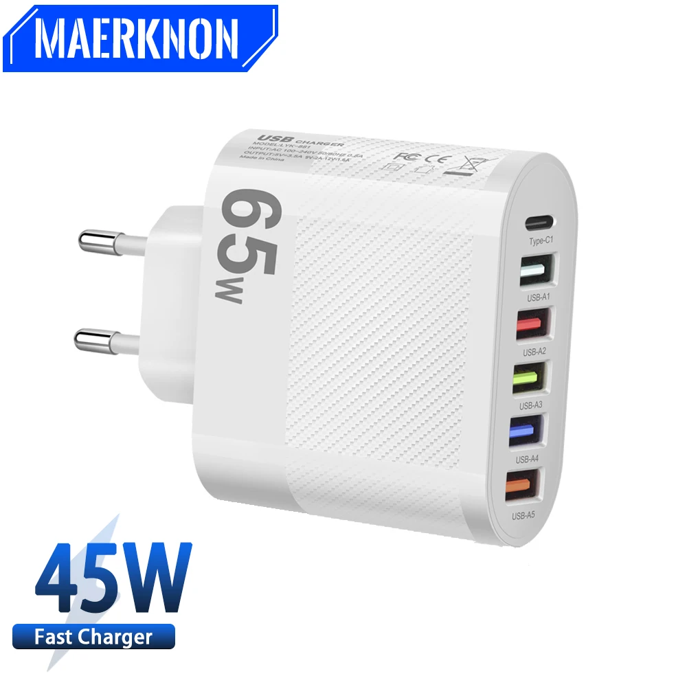 

65W 6 Ports USB Portable Charger Cell Phones Fast Charging Type C Power Adapter Quick Charger 3.0 For iPhone Xiaomi 14 Oneplus