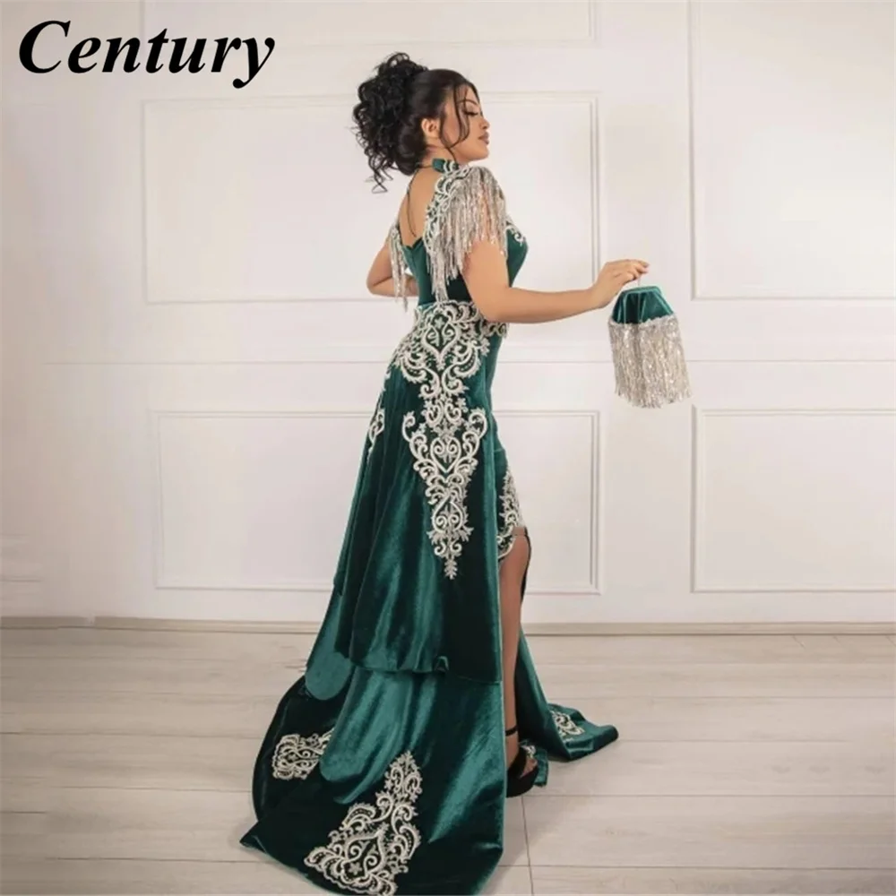 Karakou Algerien Evening Dress Arabic Caftan Cap Sleeves Velvet Green Prom Gown Party Dresses with Detachable Skirt Moroccan