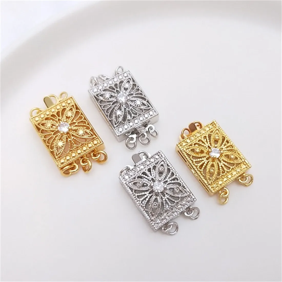 Vacuum Plated 18K Real Gold, White Gold Inlaid with Zircon, Atmospheric Rectangular Multi Row Pearl Buckle DIY Jewelry Buckle