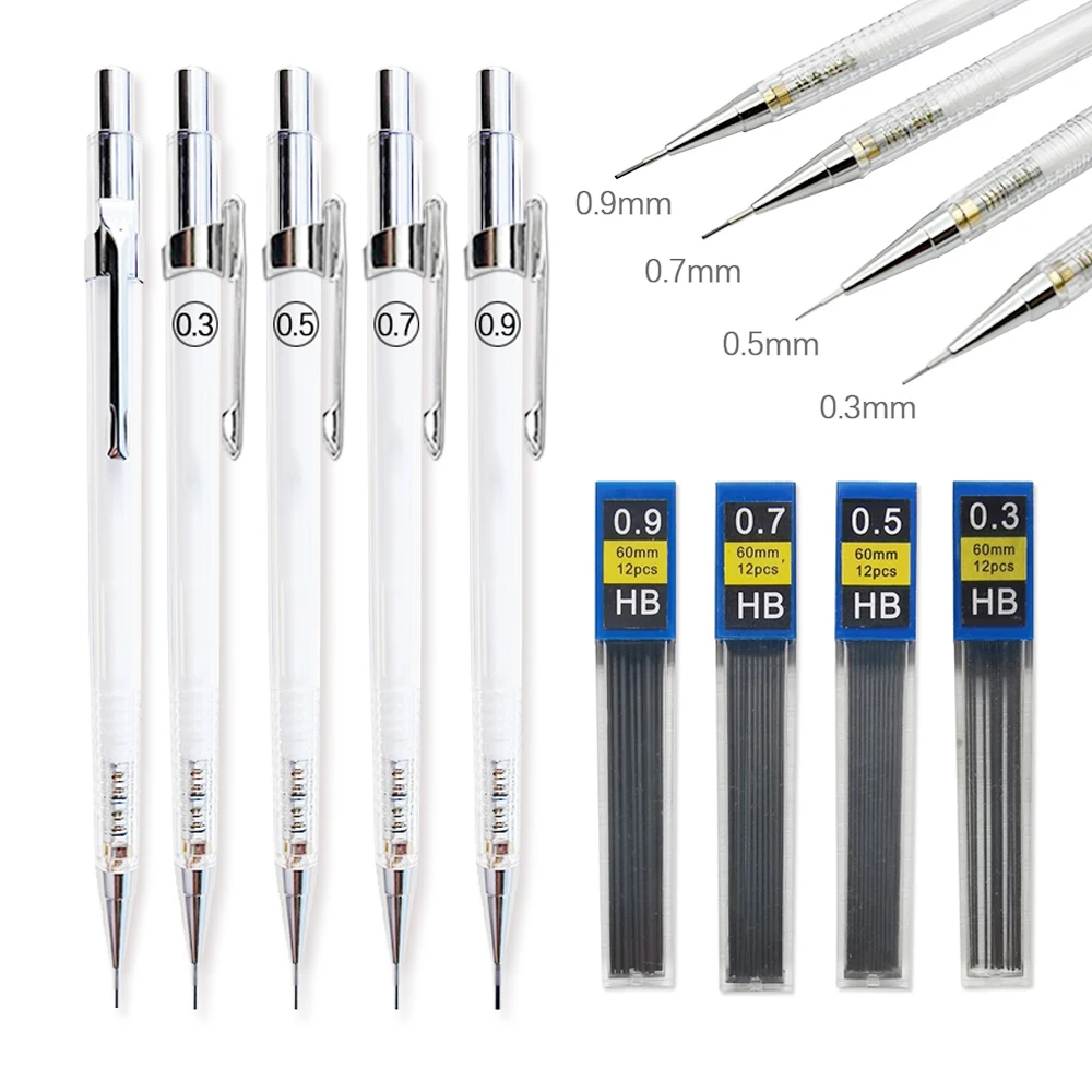 Mechanical pencil set transparent mechanical pencils 0.3 0.5 0.7 0.9mm with lead refills set art sketching automatic pencils drawing painting supplies