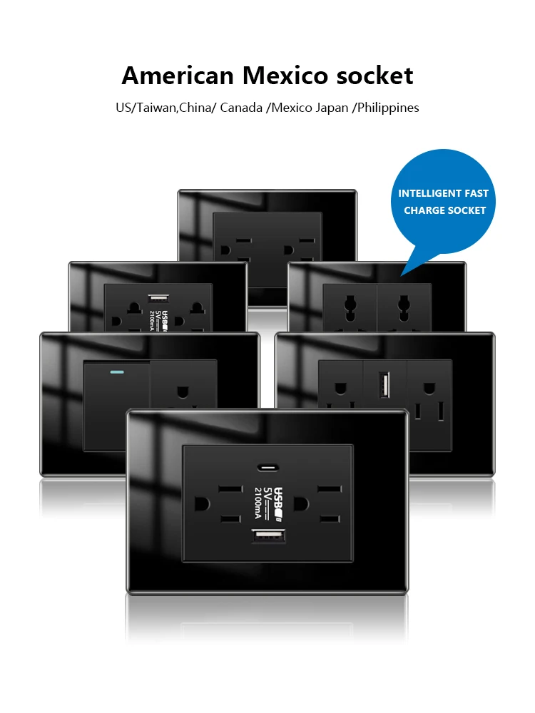 Description Picture 2 of itemAmerican Type-c Quick Charge Wall Power Outlet,2Way Light Electrical Switch Panel,Mexico Thai US Tempered Glass usb Socket Plug