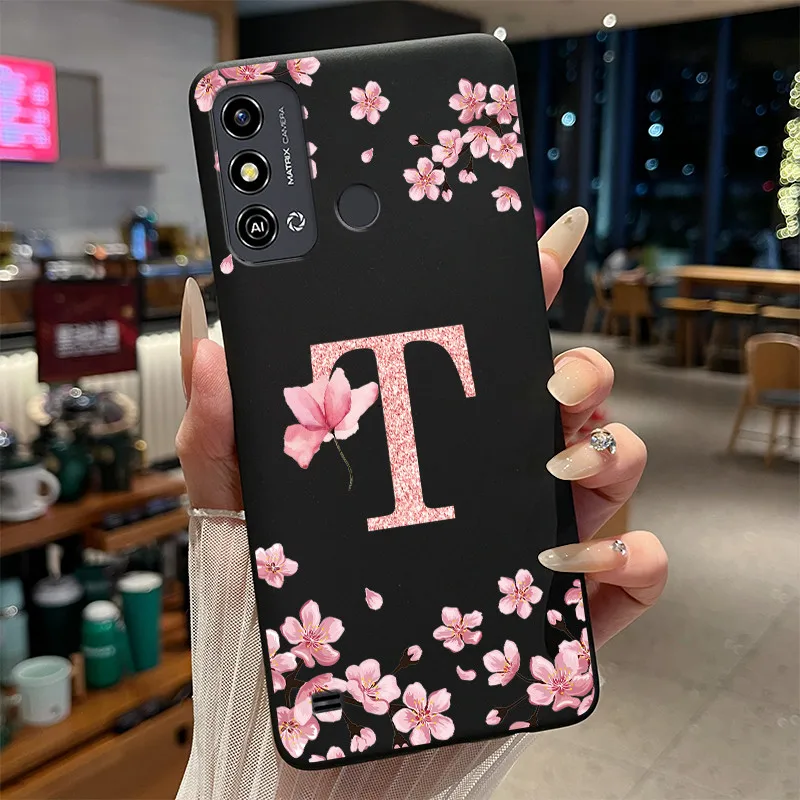 Floral Initials Black Silicone Phone Case - Soft Protective Back Cover
