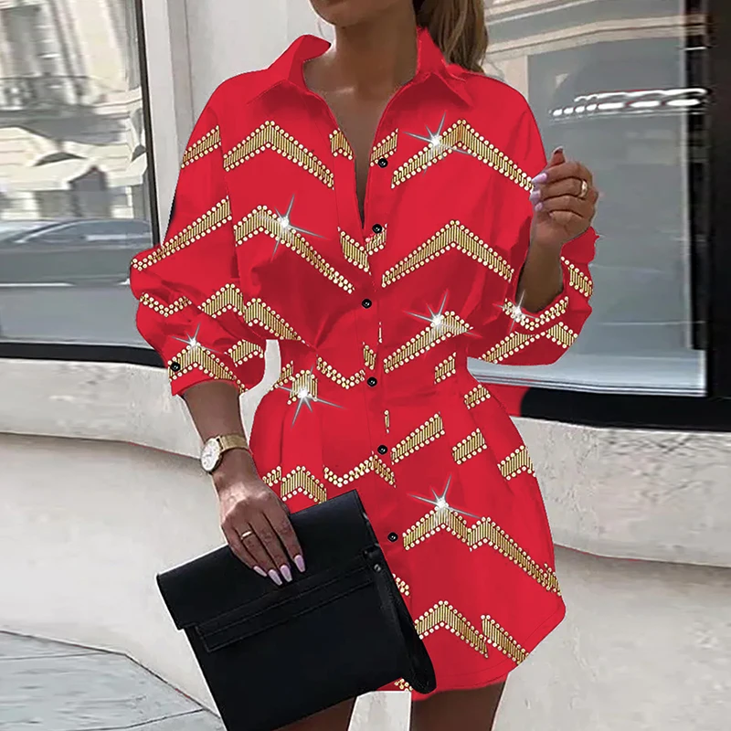 

Winter Fashion Printed New Pattern Shirt Dress Women Sexy V-neck Long sleeved Button High Waist Short Dress Casual Slim Dresses