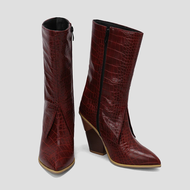 Kcenid Ladies Pointed Toe Solid Mid-Calf Boots Fashion Chunky High Heels women's Cowboy Boots Party Vintage Woman Shoes