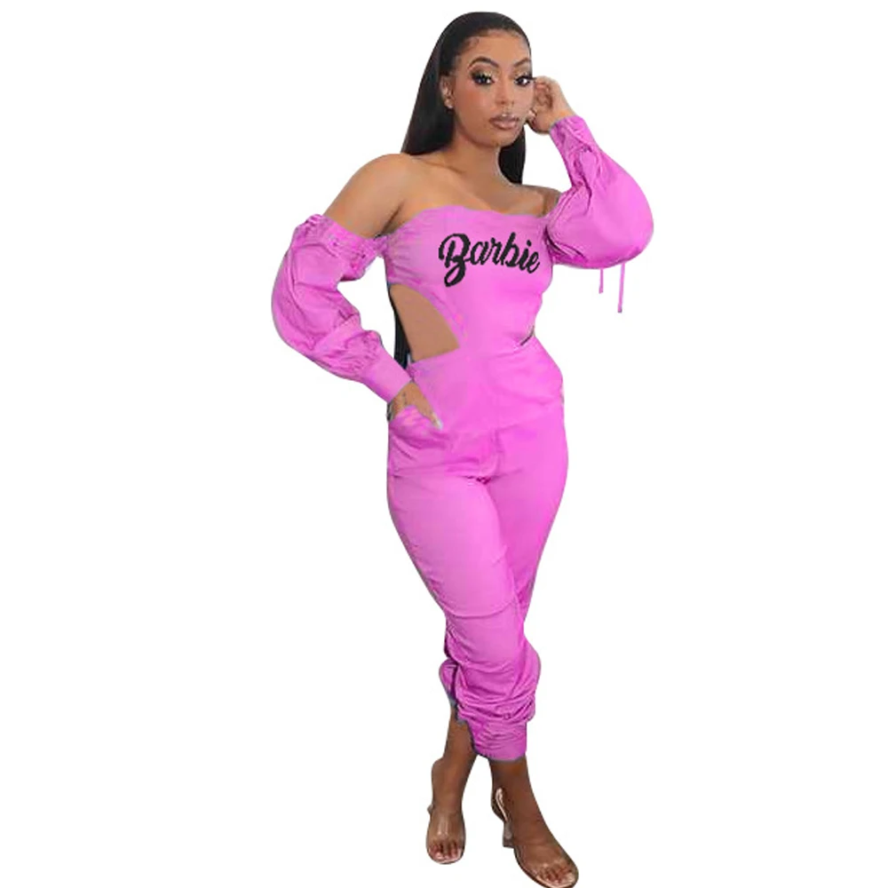 Off Shoulder Letter Print Women Jumpsuit Autumn Waist Band Cut Out Backless Bodysuit Streetwear Long Sleeve Long Playsuits 2023