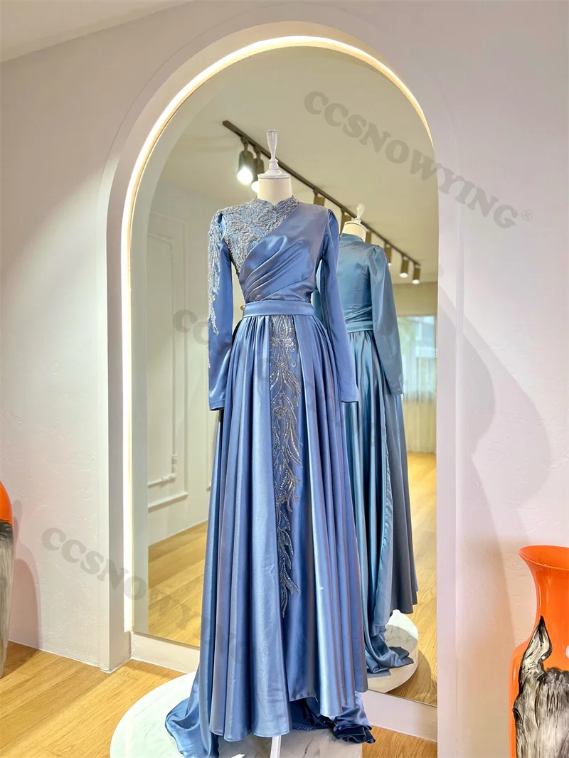 

Satin Appliques Muslim Evening Dresses Arabic Dubai Long Sleeve Hijab Islamic Prom Formal Party Gown Women Robes De Soirée