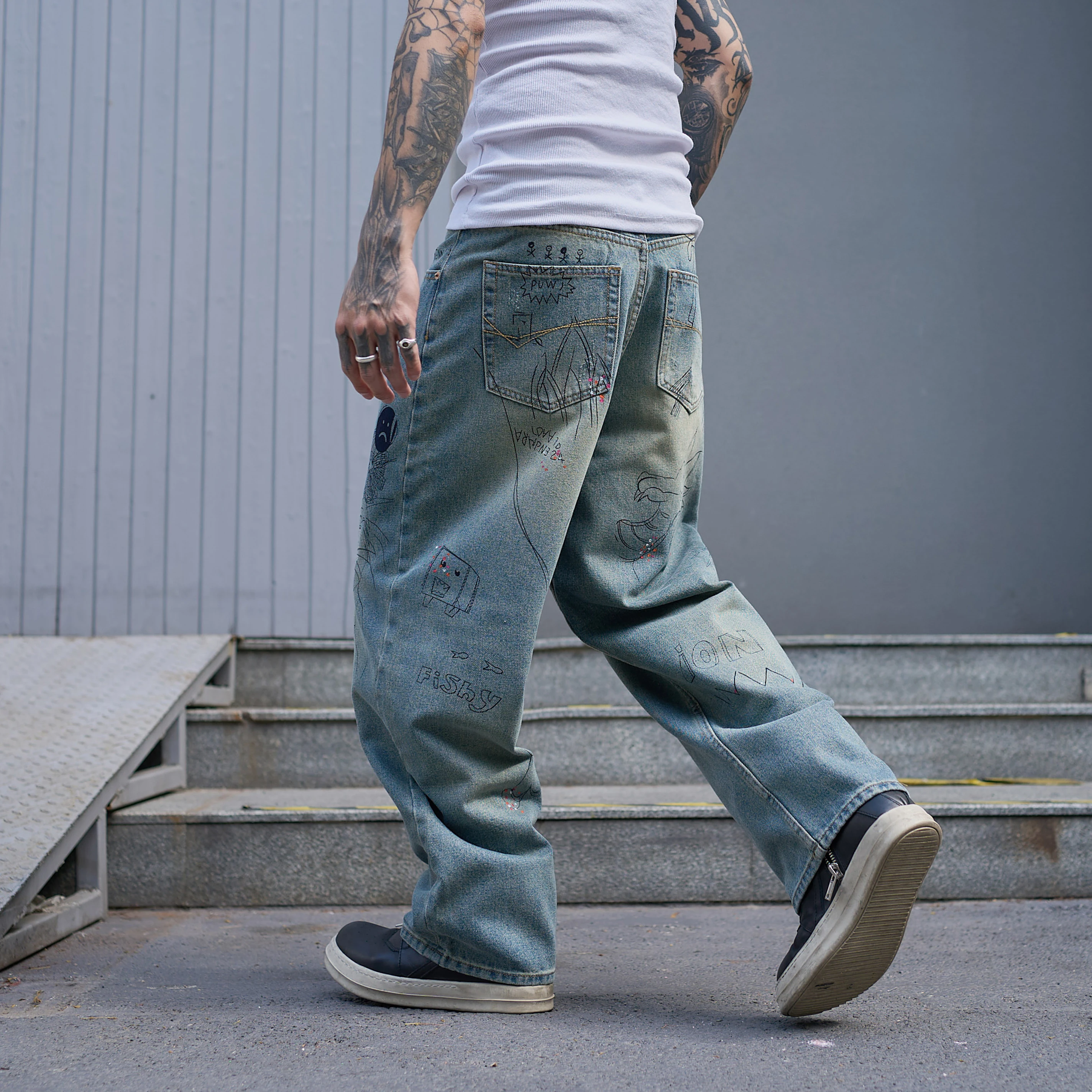A01 RockCanRoll Washed Loose Fitting Stylish Fashion Denim Jeans