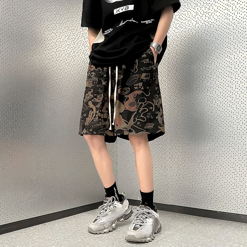 2023 New Casual Shorts for Men Gothic Summer Beach Knee Length Pants Elastic Waist Loose Male High Street Streetwear Gym Shorts