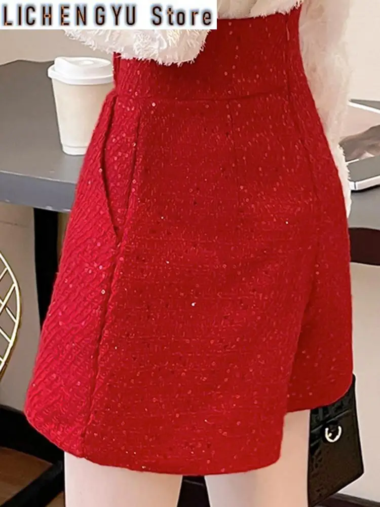 New Women Fashion Front Love Metal Buttons Tweed Shorts Vintage High Waist Woolen Female Short Pants Mujer