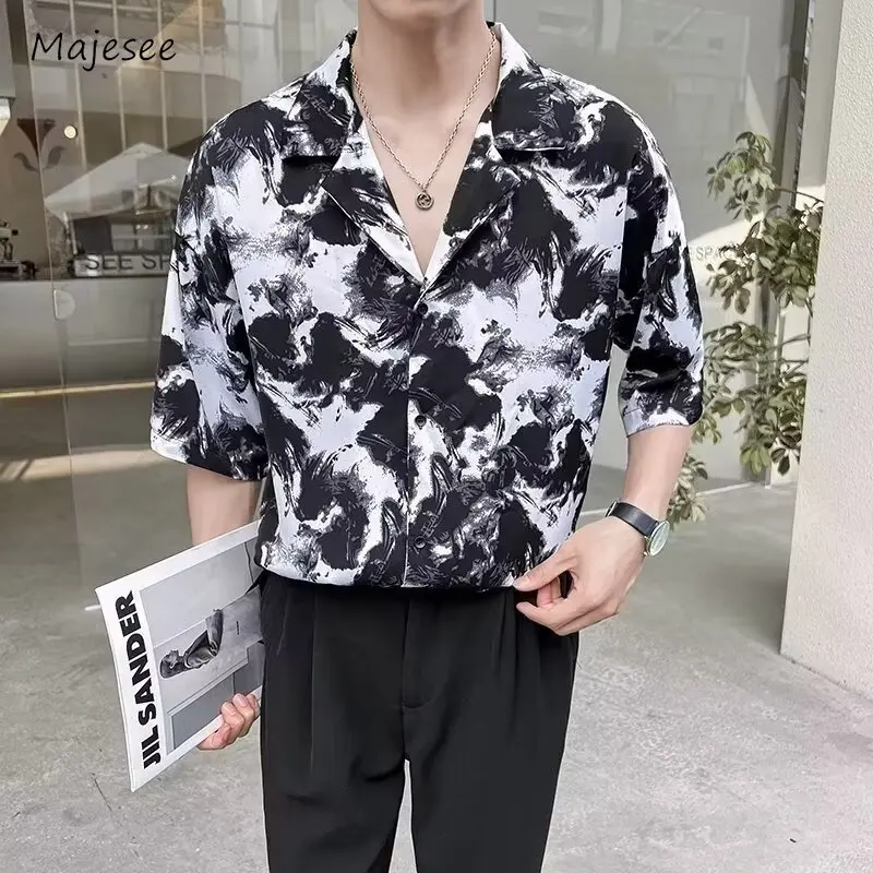 

Shirts Men Print Fashion Korean Style Retro Personality Daily All-match Handsome Charming Loose Cozy Casual Half Sleeve College