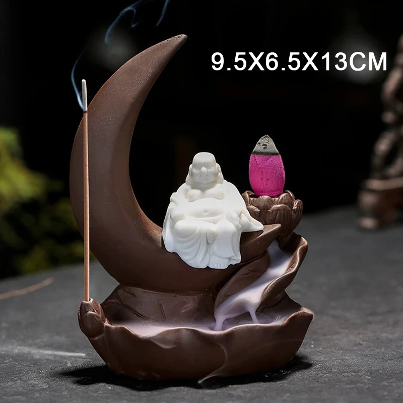 Ceramic Zisha-Incense Burner Ornament, Lotus Moon Shape Backflow Sandalwood censer, Household Indoor Living Room Decoration, 1Pc
