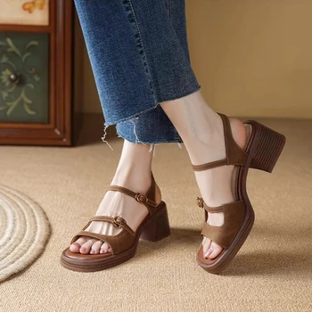 Women's Vintage Platform Roman Sandals, Adjustable Buckle Square Toe Block Heel Casual Shoes for Daily Commute, Vacation&Dating 1