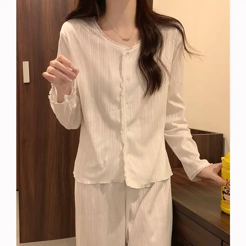 여성 잠옷, 일본 GP 틈새 잠옷, 봄/가을 시즌, 순면, 얇은 그물, 레드 스타일 레이스, 라운드 넥 가디건, 홈웨어