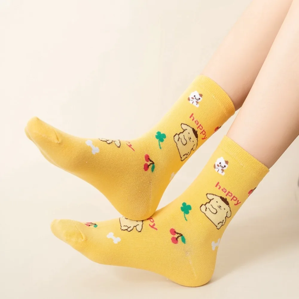 Sanrio Socken Pom Pom Purin Mittellang Ins Atmungsaktiv Minimal Design Freizeit Sportsocken Mädchen Geschenke Kawaii Für Weihnachten – Detail 1