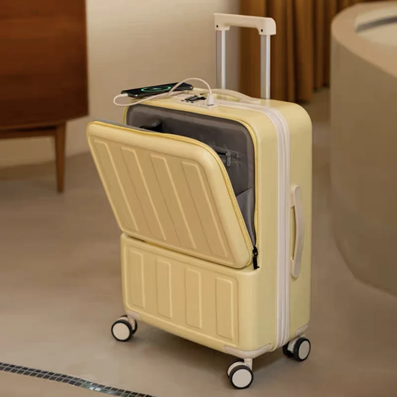 Spinner de bolsillo frontal para equipaje rodante de 20/22/24/26 pulgadas, caja de embarque con puerto USB, contraseña, caja de viaje, maleta con ruedas