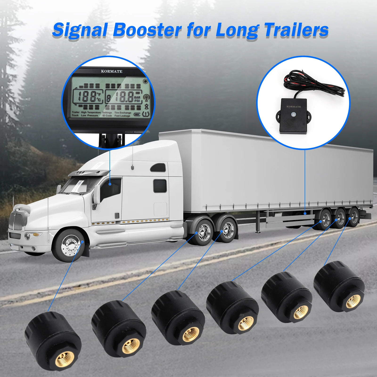 TPMS 4-28 Wheels Performance Tire Pressure Monitoring System With Booster Applicable Trucks（No repeater 4 and 6 sensors system） car tire pressure monitor,motorcycle tire pressure monitor,car tire pressure sensor