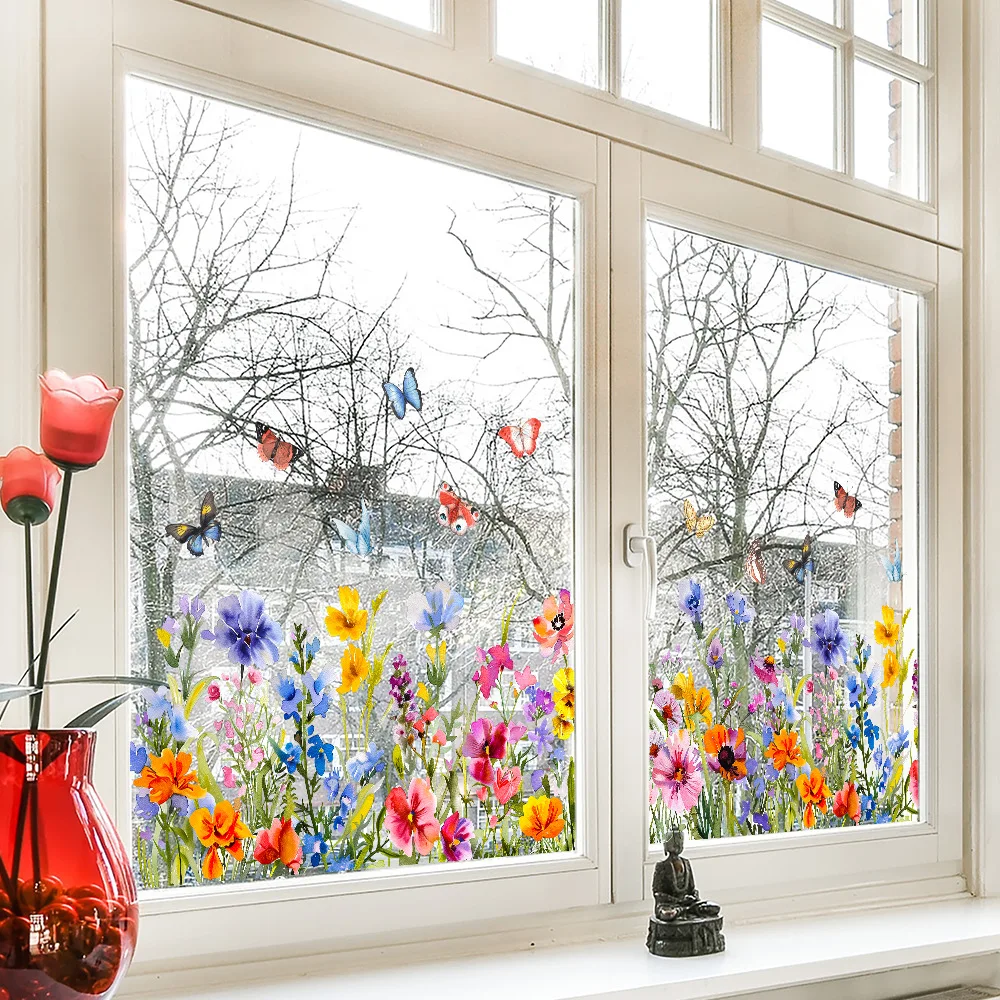 Butterflys Flowers Plants Printed Window Decorative Stickers Self-Adhesive Living Dining Room Bedroom Kitchen Glass