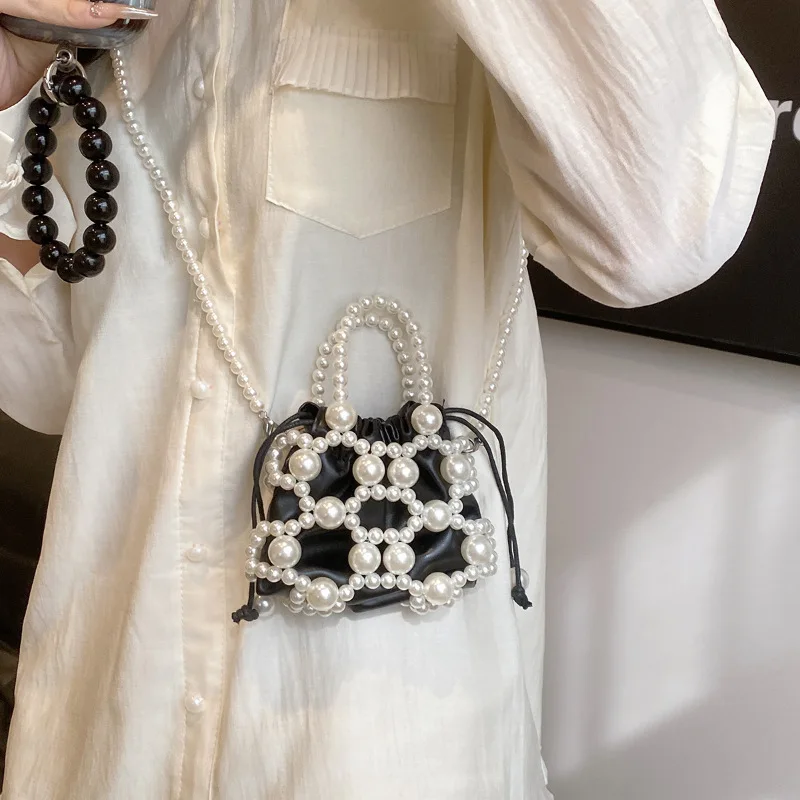 Chic Mini Pearl Bags for Women Trend 2024 Summer Fairy Style Cute Bucket Handbag Party Fashion Woven Hollow Shoulder Bag Woman