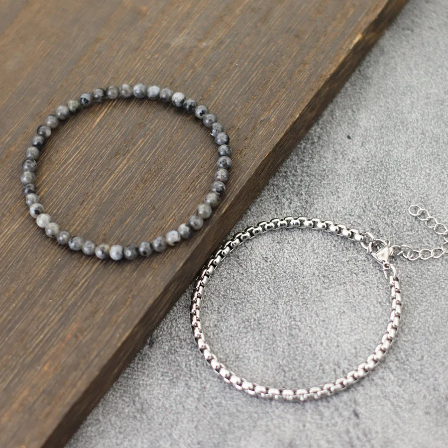 Punk 2 Teile/satz Stein Kette Armband Männer Edelstahl Box Link 4mm Natürliche Tiger Augen Howlith Perlen Armband Cool Boy hand Joias