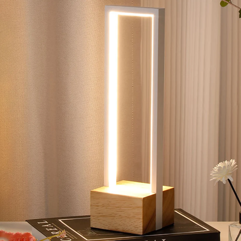 LED Table Lamp USB Nightstand Lamp 3 Color Temp Geometric Nightstand Lamp Stepless Dimmable Desk Light Wooden Base for Bedroom 2